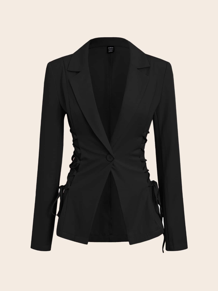 Woman's Black Lace-Up Waist Tailored Blazer-Aegean-sea