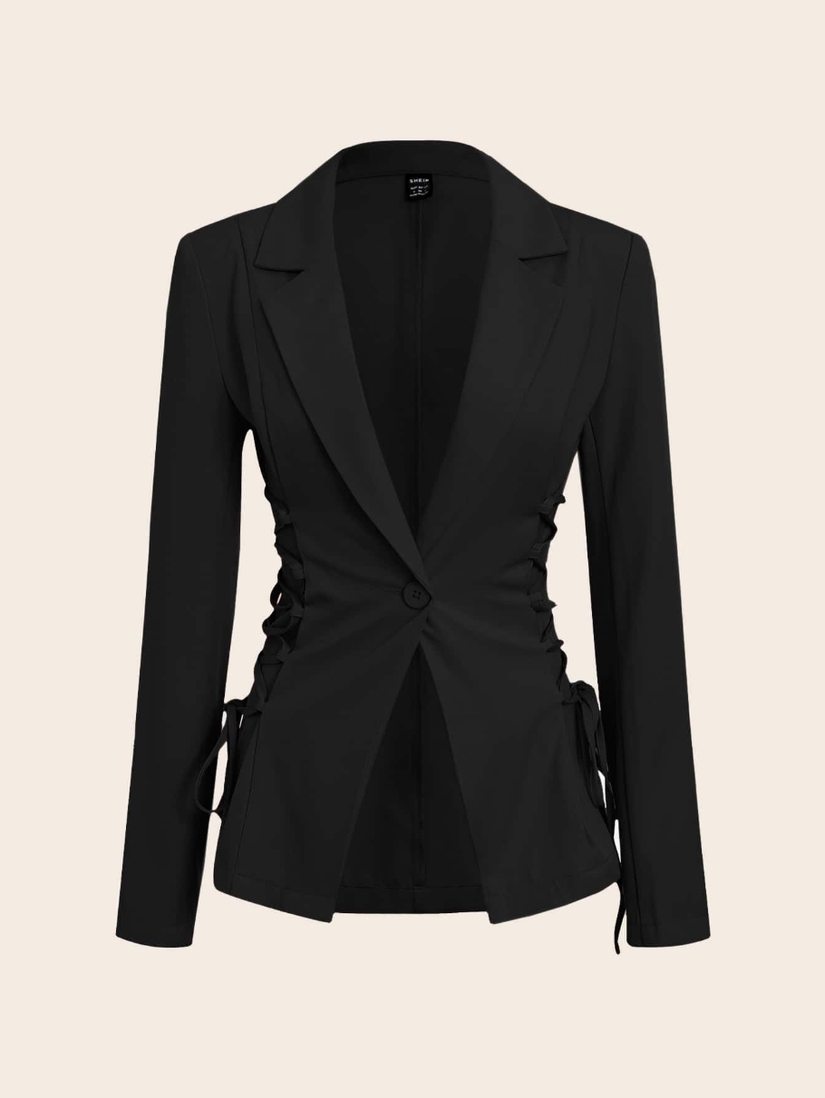 Woman's Black Lace-Up Waist Tailored Blazer-Aegean-sea
