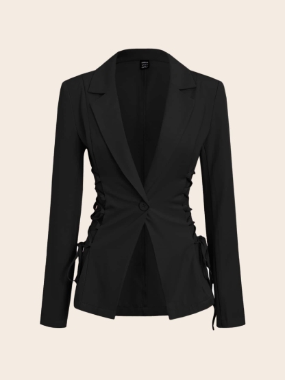 Woman's Black Lace-Up Waist Tailored Blazer-Aegean-sea