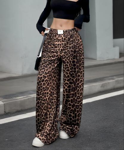 Leopard pattern wide leg pants woman, high waist drop feeling loose pants-Aegean-sea