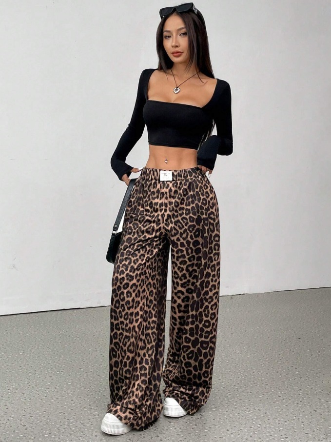 Leopard pattern wide leg pants woman, high waist drop feeling loose pants-Aegean-sea