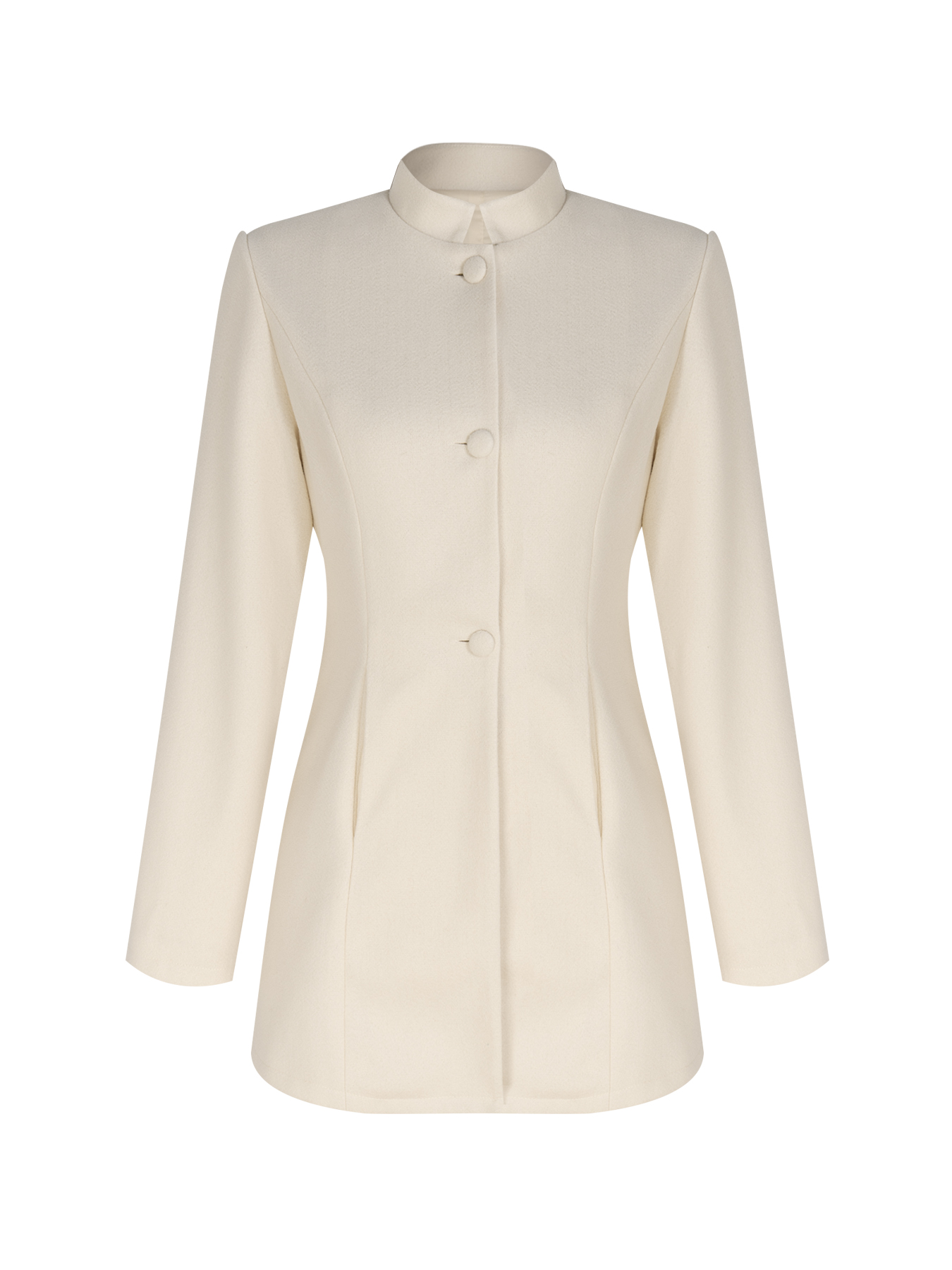 Woman's Cream White Stand Collar Mid-Length Coat with Round Fleece Buttons-Aegean-sea