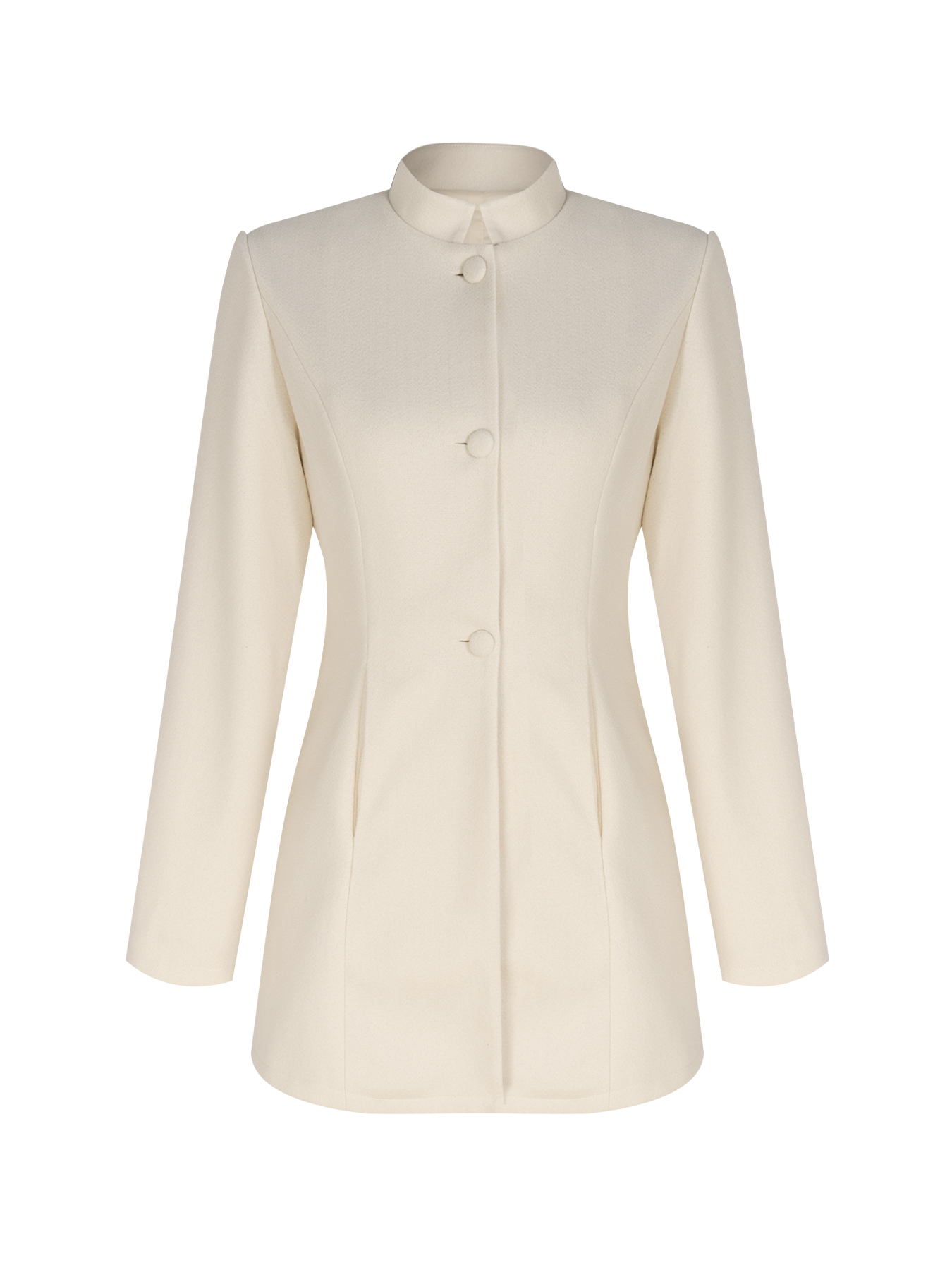 Woman's Cream White Stand Collar Mid-Length Coat with Round Fleece Buttons-Aegean-sea