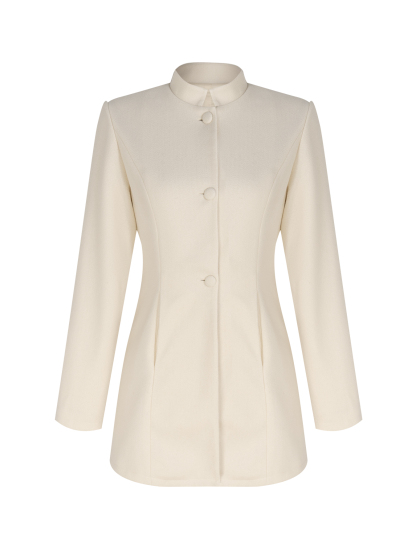 Woman's Cream White Stand Collar Mid-Length Coat with Round Fleece Buttons-Aegean-sea