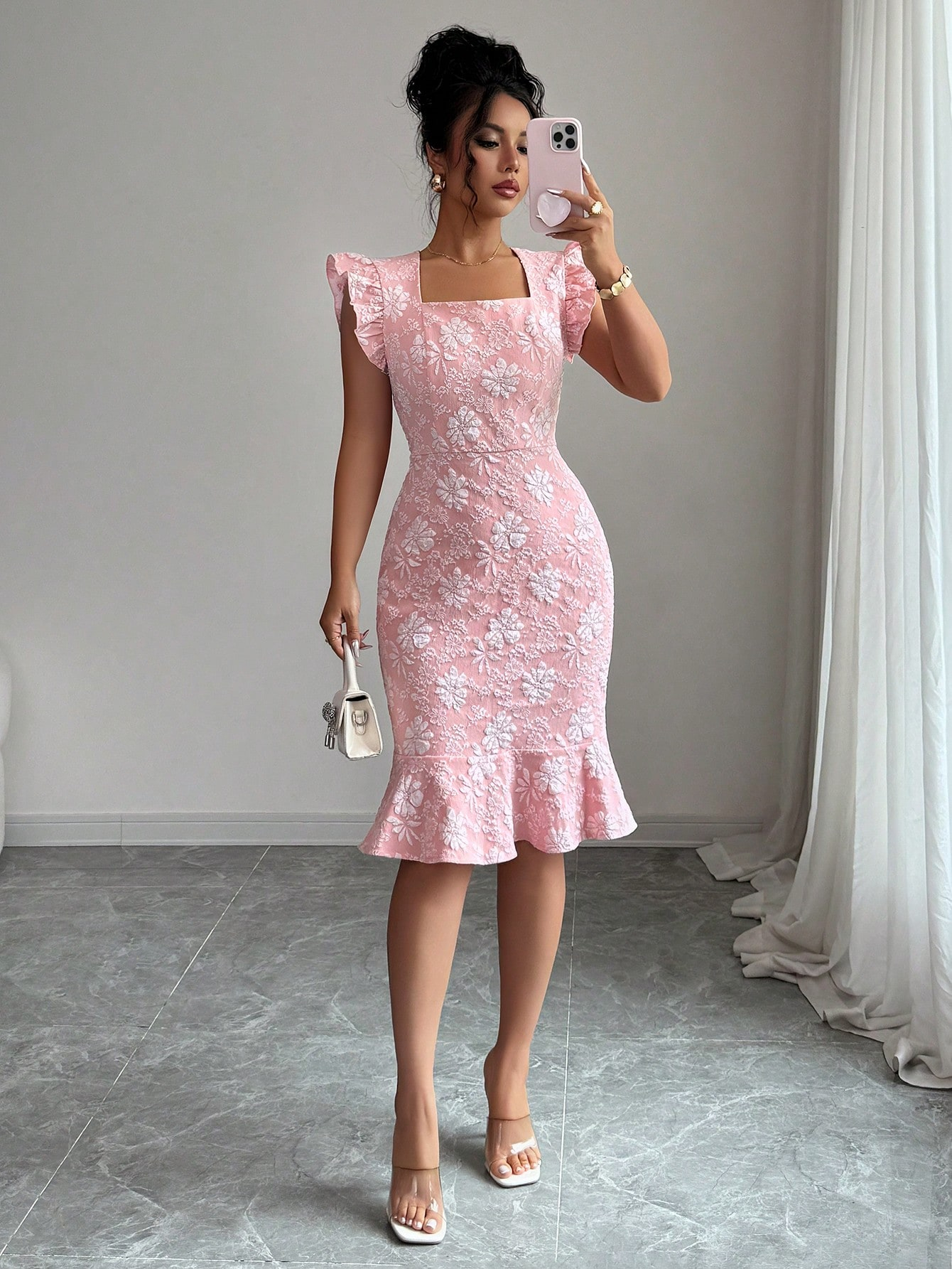 Pink Jacquard Square Neck Ruffle Bodycon Mini Dress, Elegant Casual Party Dress