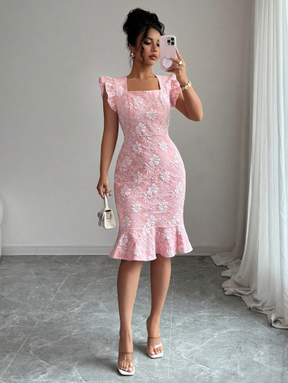 Pink Jacquard Square Neck Ruffle Bodycon Mini Dress, Elegant Casual Party Dress
