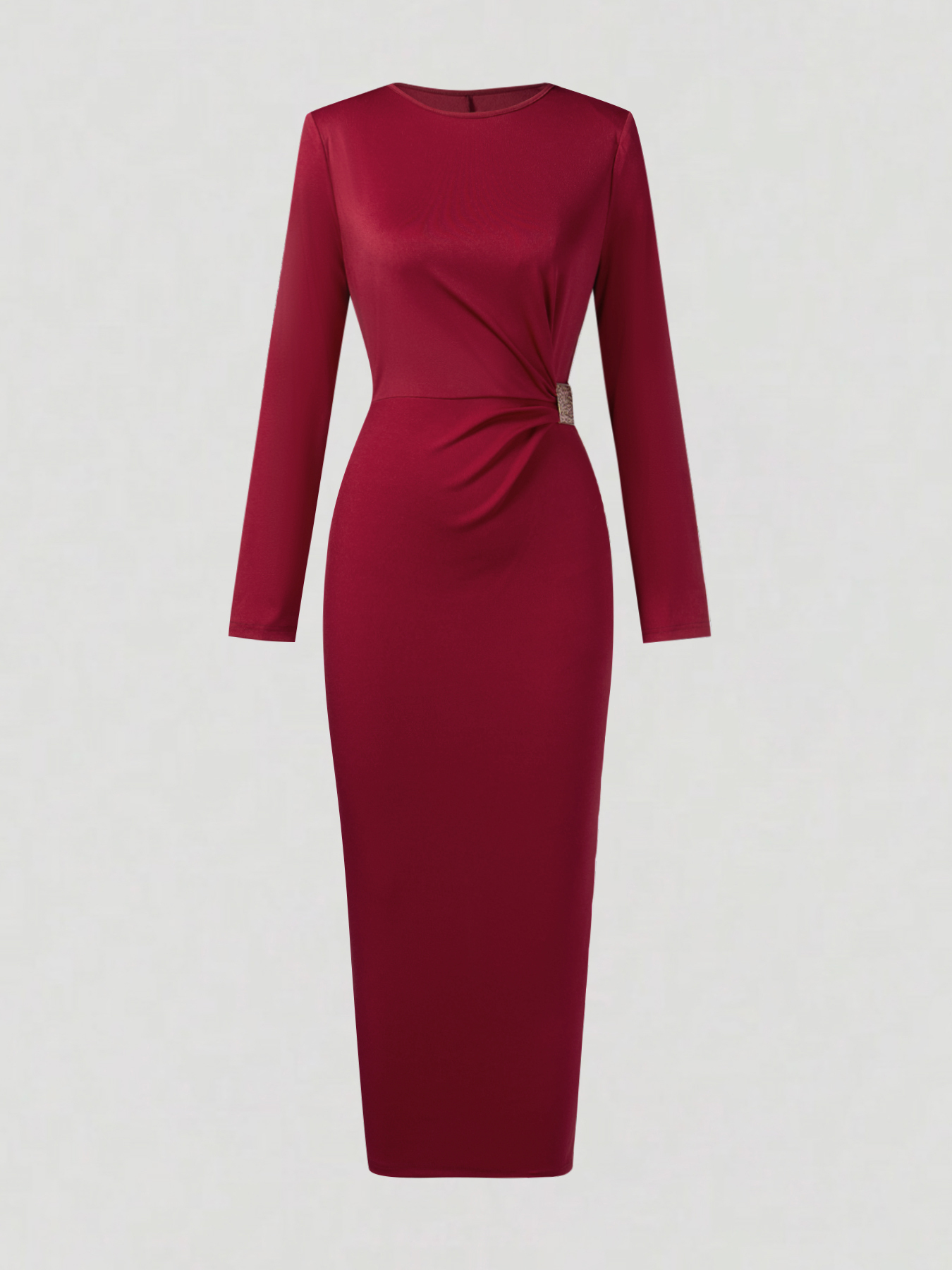 Woman's Burgundy Long-Sleeve Ruched Waist Midi Sheath Dress-Aegean-sea