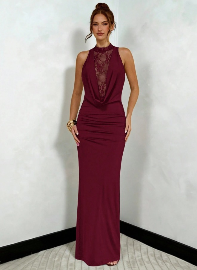Wine-red Neckholder Lace Dress Fold-Cut Fish Tail Long Skirt Sexy Dinner Party Dress