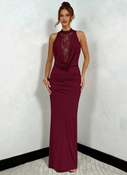 Wine-red Neckholder Lace Dress Fold-Cut Fish Tail Long Skirt Sexy Dinner Party Dress