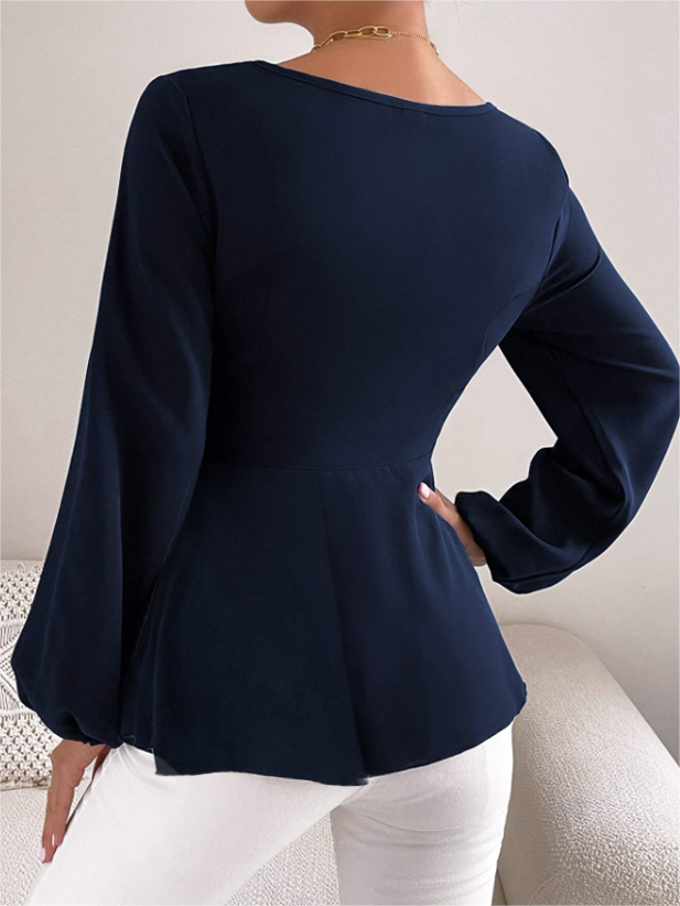 Camiseta de peplum de manga larga para mujer con cuello redondo, cintura de lazo y puños acampanados-Aegean-sea