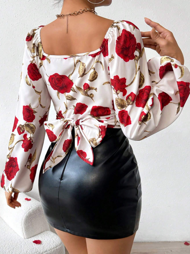 Woman's Rose Print Wrap V-Neck Puff Sleeve Cropped Top-Aegean-sea