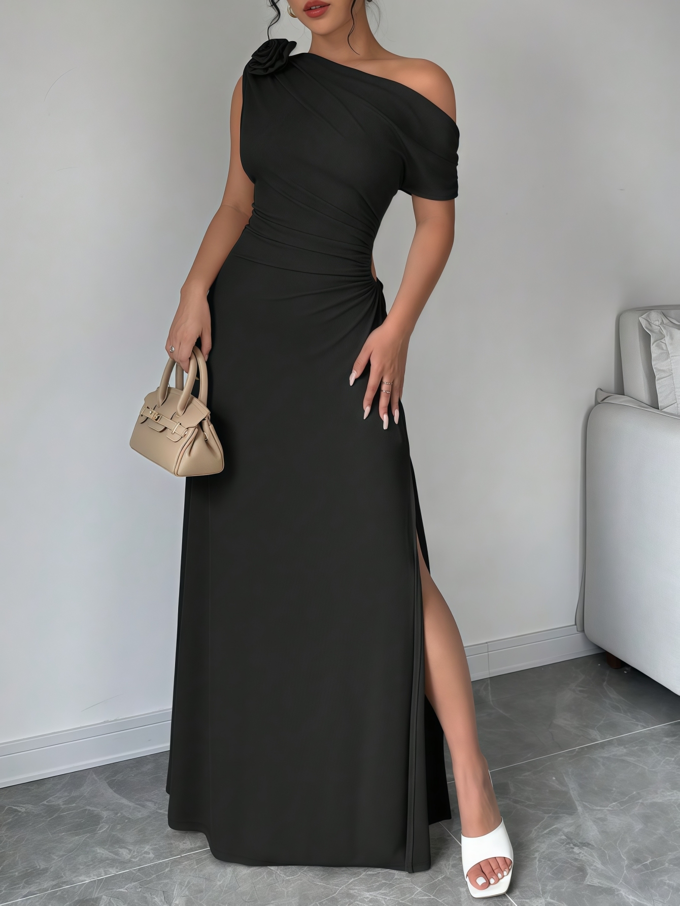 Woman's Elegant & Sexy One-Shoulder Cutout Slit Maxi Dress