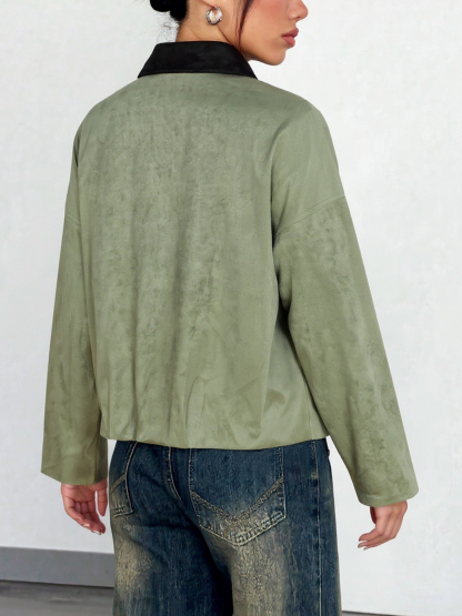 Black and green contrasting reversal suede shirt Loose long-sleeved jacket jacket jacket