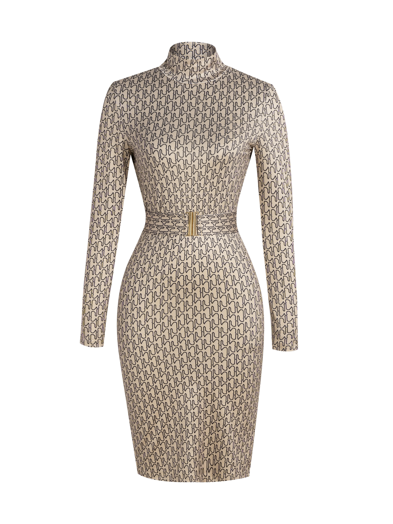 Vestido midi de mujer con cuello alto y mangas largas estampado con cintura ceñida y abertura lateral-Aegean-sea