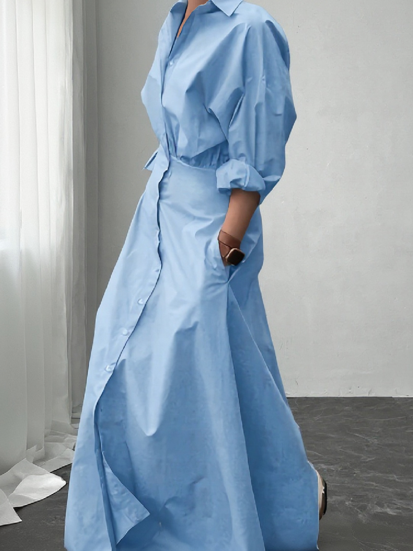 Woman's Oversized Minimalist Office Dress: Puff Sleeve Ruched Waist Split Hem Shirt Dress -Aegean-sea