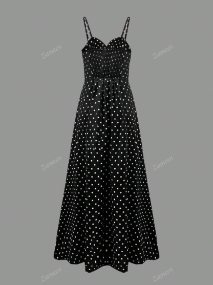 Women's Black White Polka Dot Spaghetti Strap Fit & Flare Midi Dress-Aegean-sea