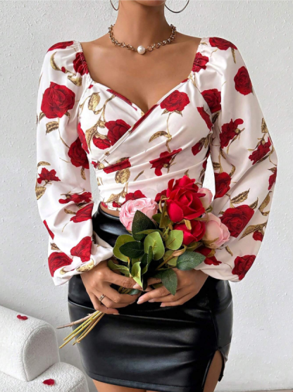 Woman's Rose Print Wrap V-Neck Puff Sleeve Cropped Top-Aegean-sea