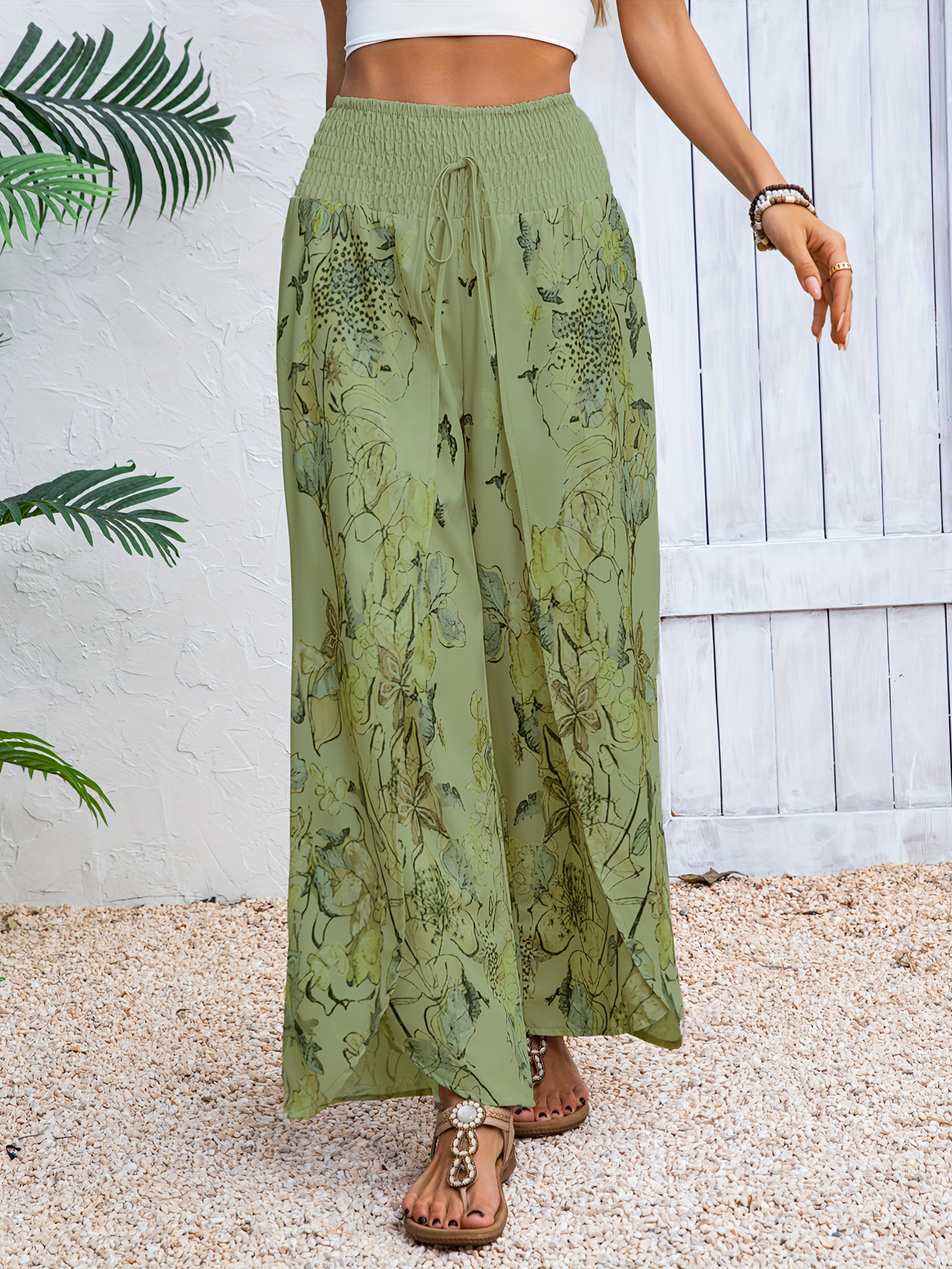 Women's Floral Print Smocked Waist Wide Leg Pants-Aegean-sea