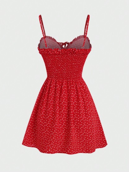 Woman's Red Heart Print Spaghetti Strap Sweetheart Neck Mini Dress-Aegean-sea