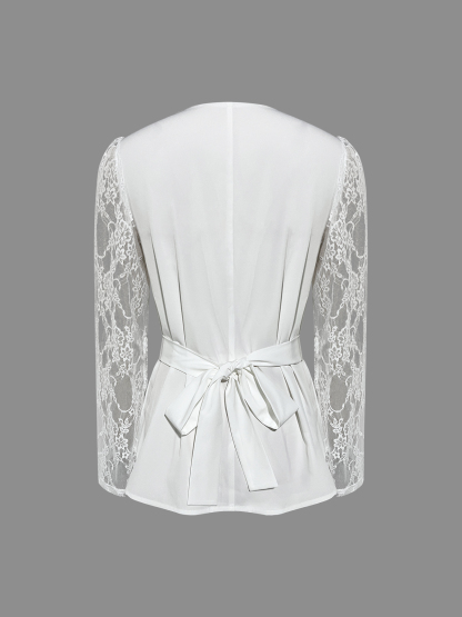 White lace flared-sleeve women‘s top Stacked collared waist-through shirt