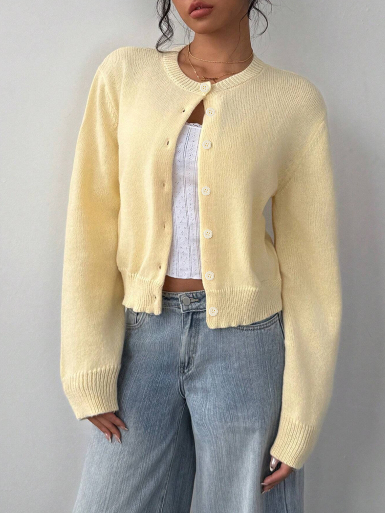 Stylish Cropped Knit Cardigan - Button-Front Casual Women's Top-Aegean-sea