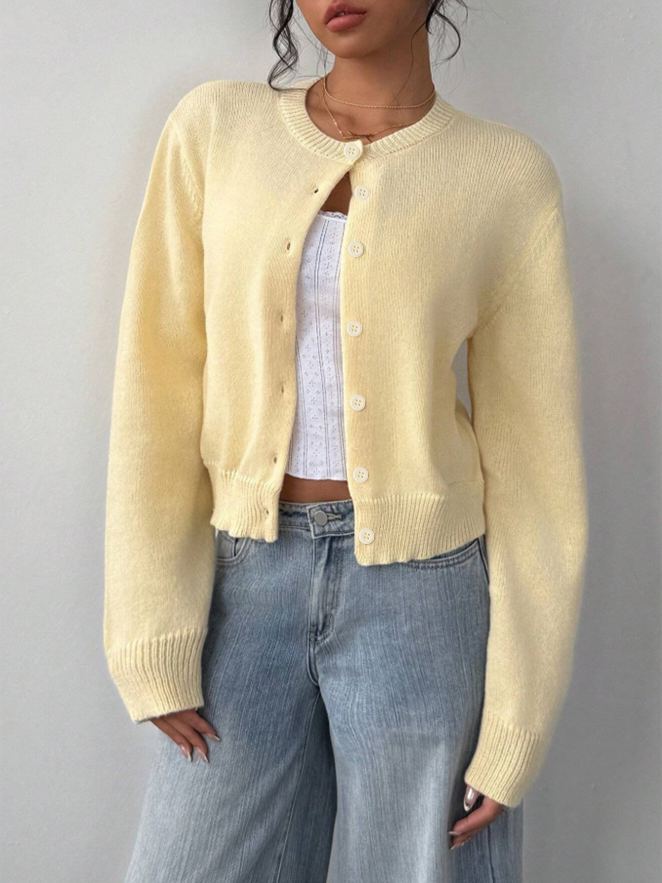 Stylish Cropped Knit Cardigan - Button-Front Casual Women's Top-Aegean-sea