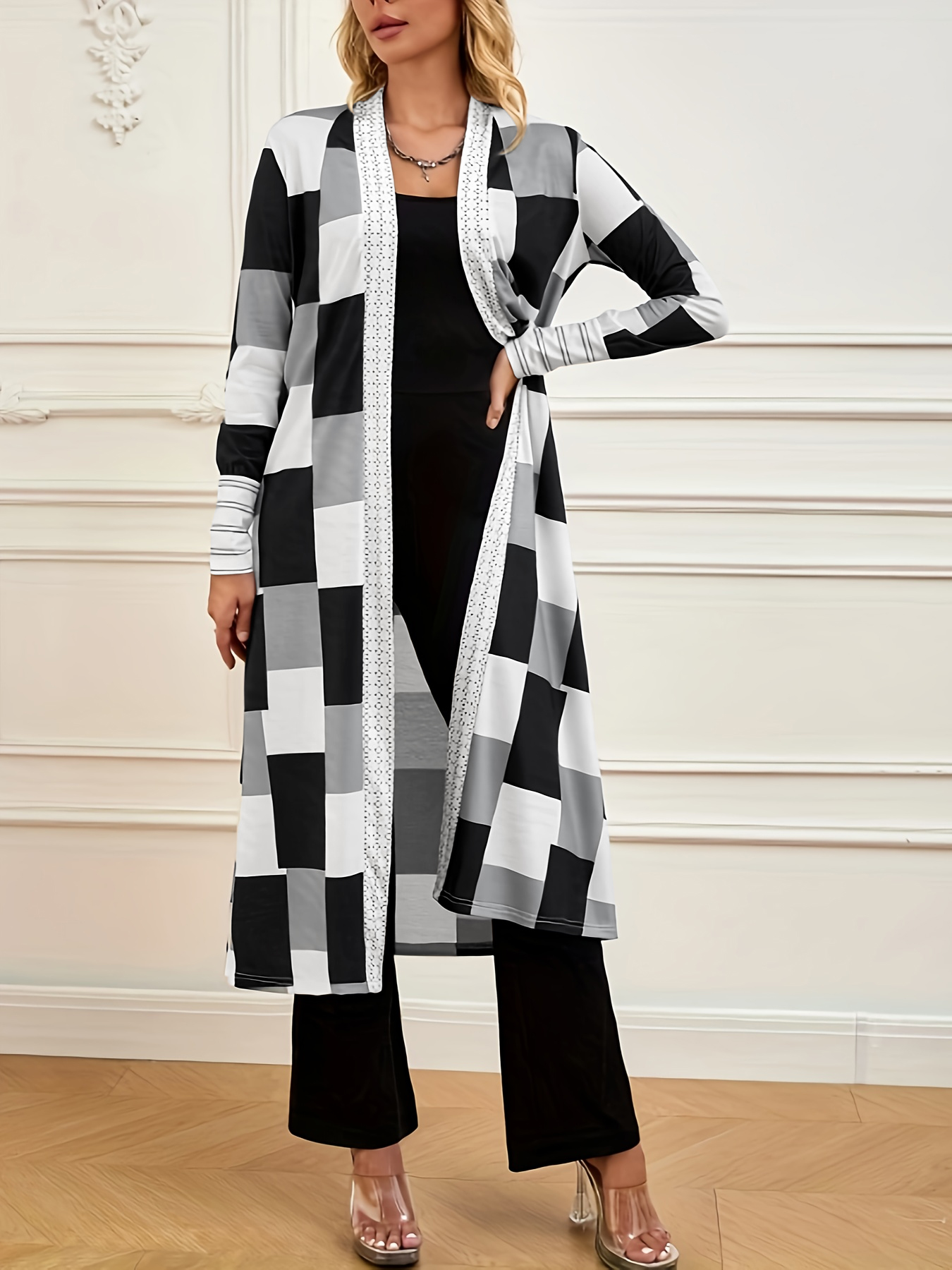 Cárdigan de manga larga de mujer con estampado a cuadros-Aegean-sea