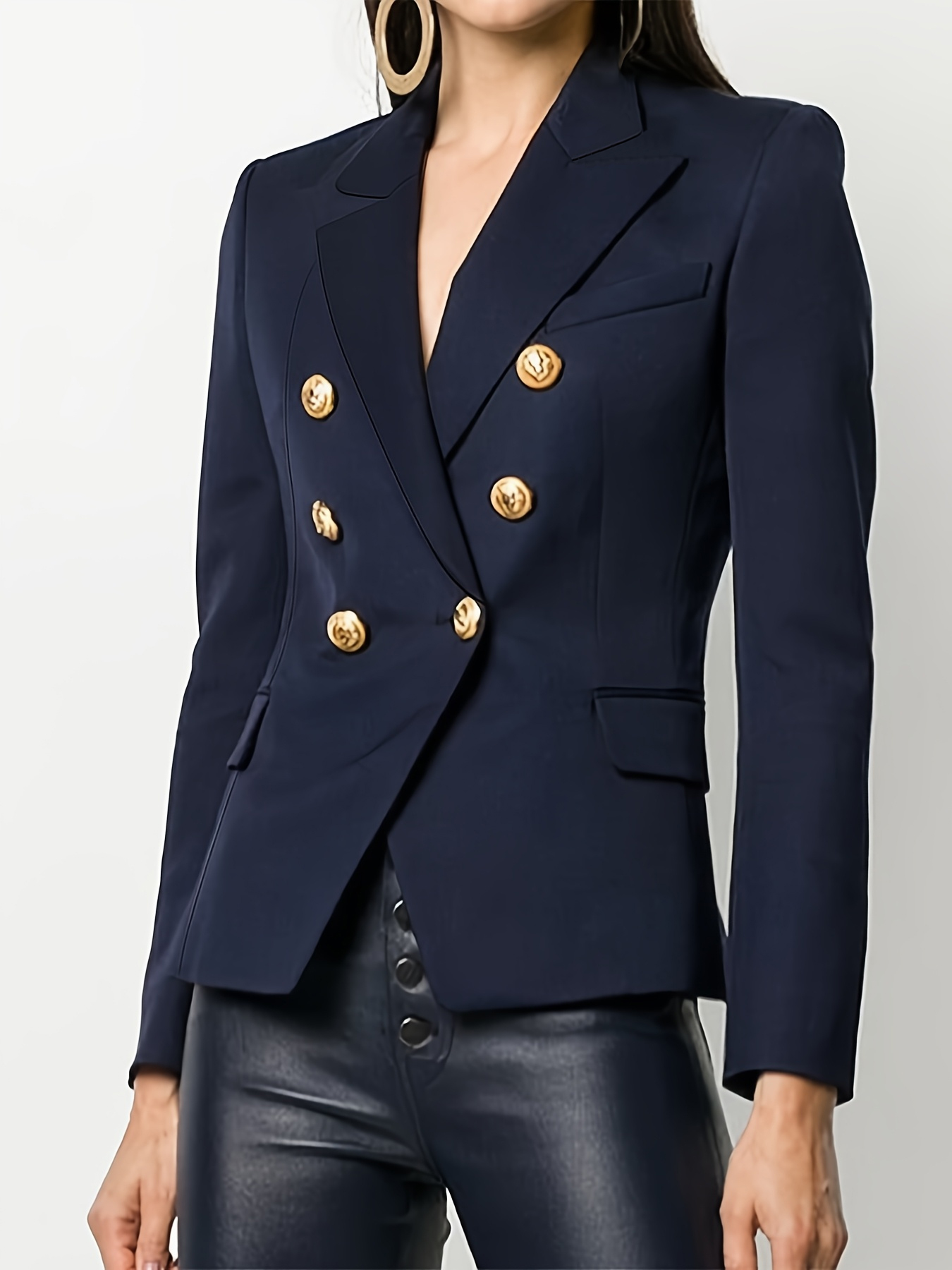 Navy Blue Double-Breasted Blazer with Gold-Tone Buttons