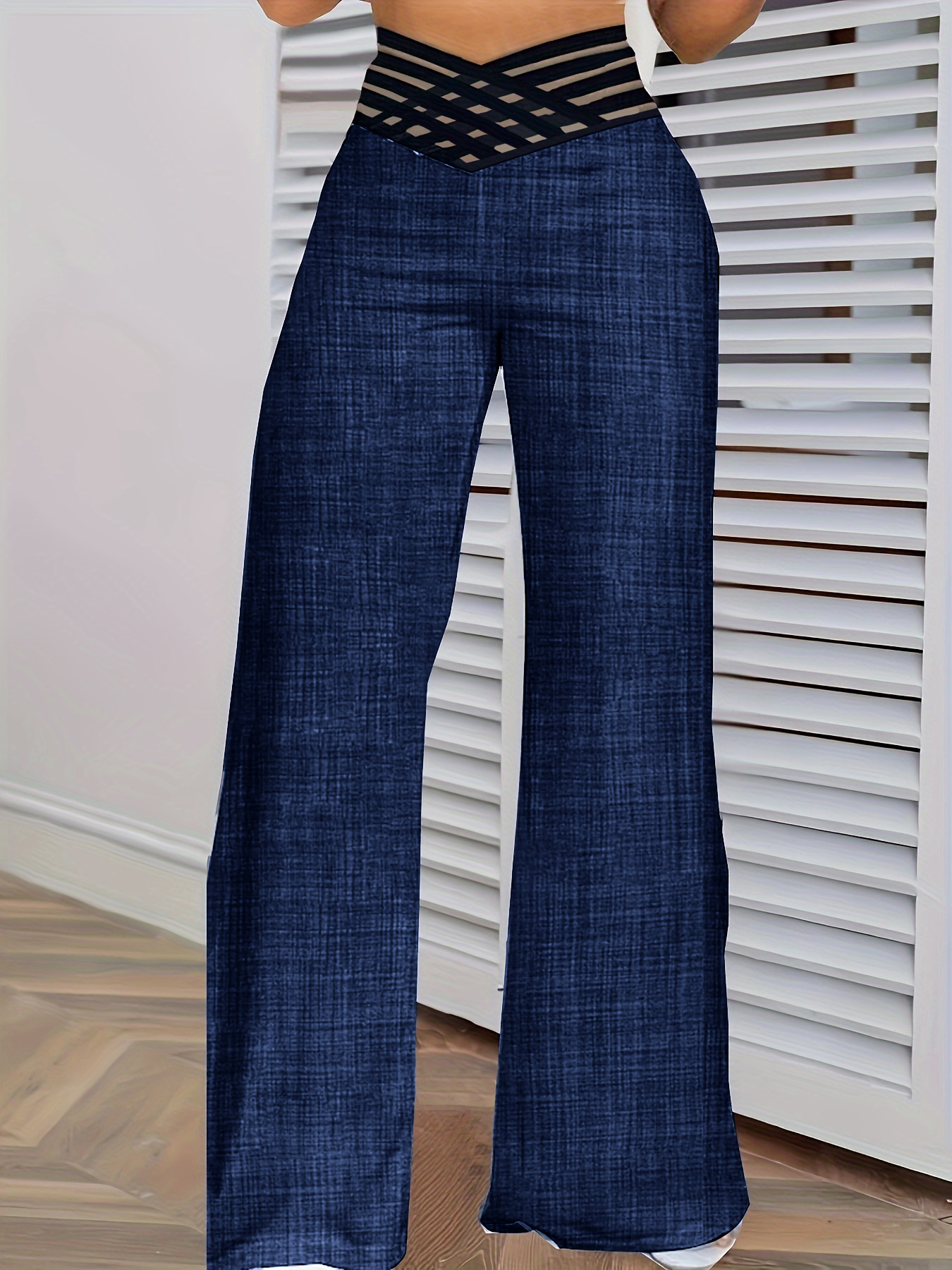 Women's Blue Wide-Leg Pants with Crisscross Waist Detail-Aegean-sea