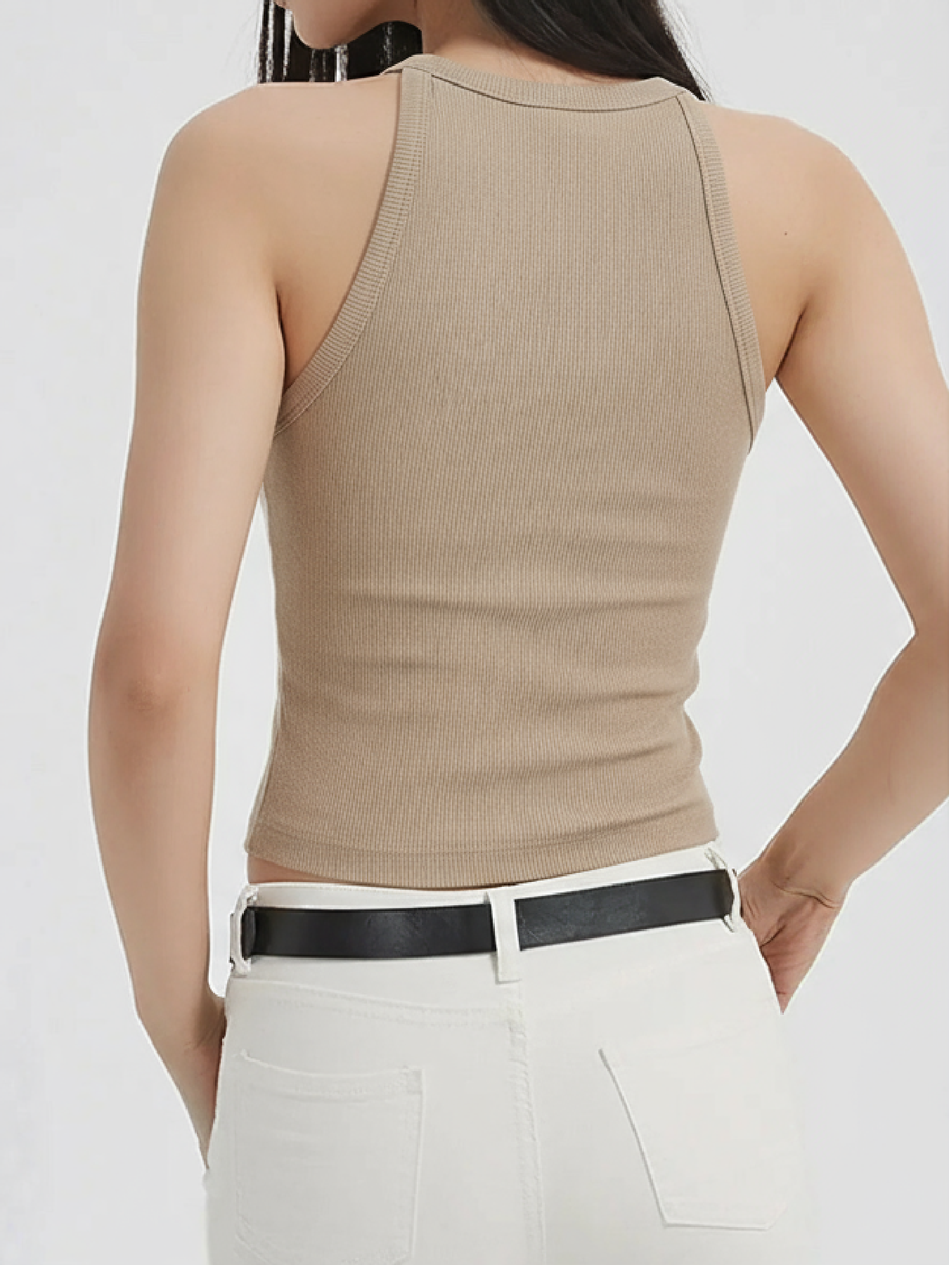 Women's Beige Ribbed Halter Neck Crop Tank Top-Aegean-sea