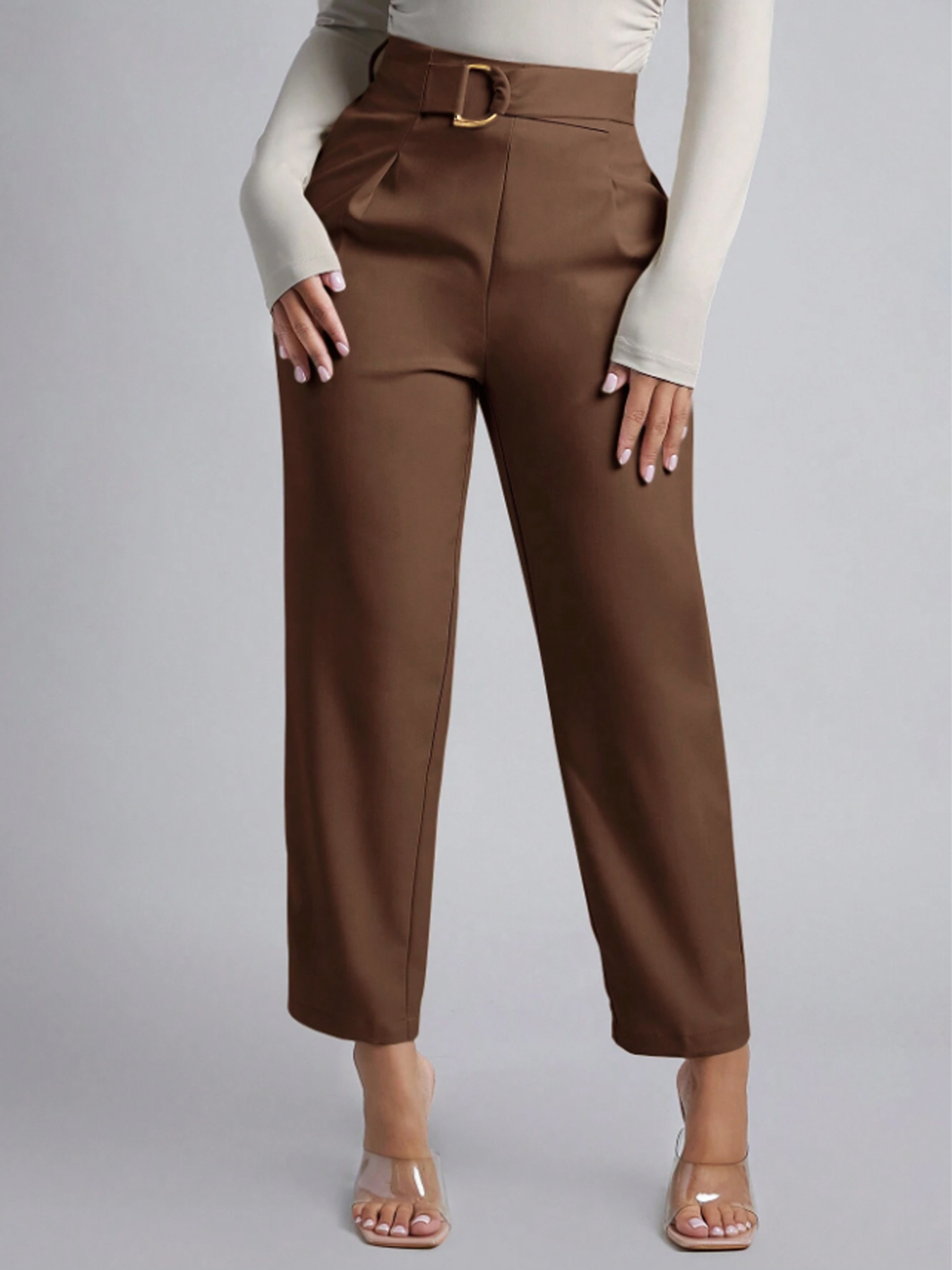 Women's Elegant High Waisted Pleated Tapered Pants with D-Ring Belt