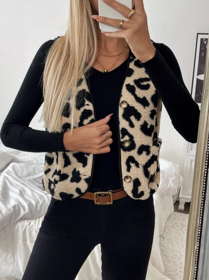 Woman's Beige & Black Leopard Print Shearling Vest-Aegean-sea