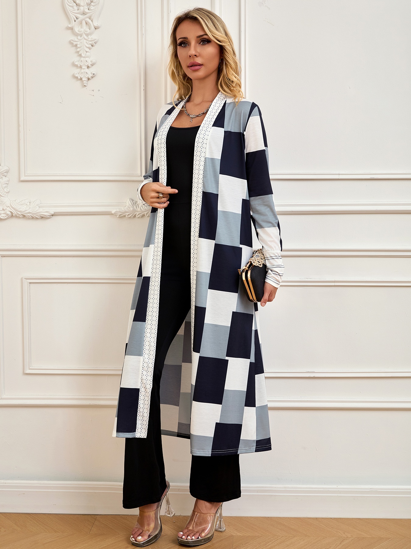 Cárdigan de manga larga de mujer con estampado a cuadros-Aegean-sea