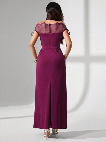 Woman's Plum Lace Off-Shoulder Tie-Detail Mermaid Maxi Dress