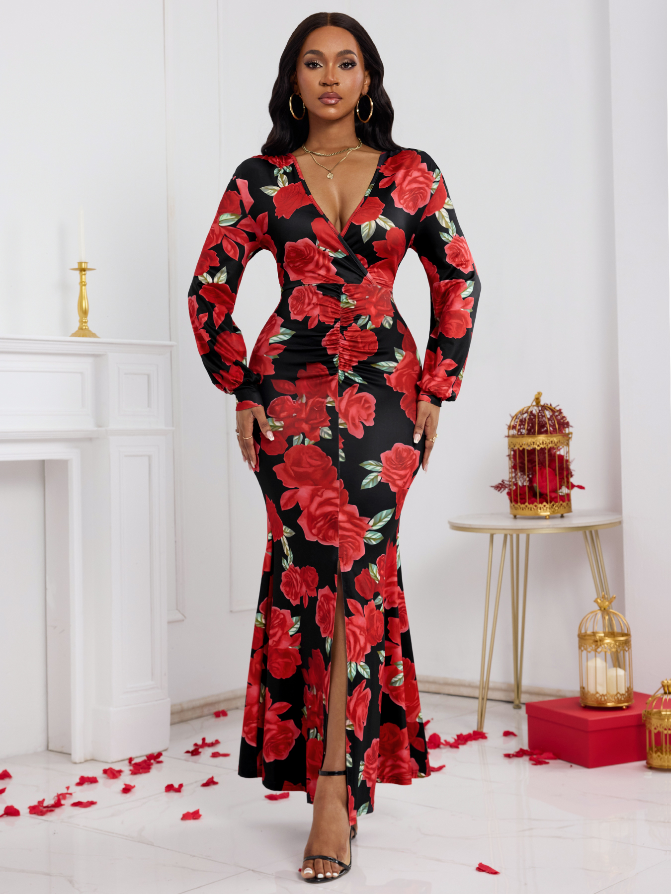 Vestido Maxi de manga larga con estampado de rosas rojas y cuello en V para mujer-Aegean-sea