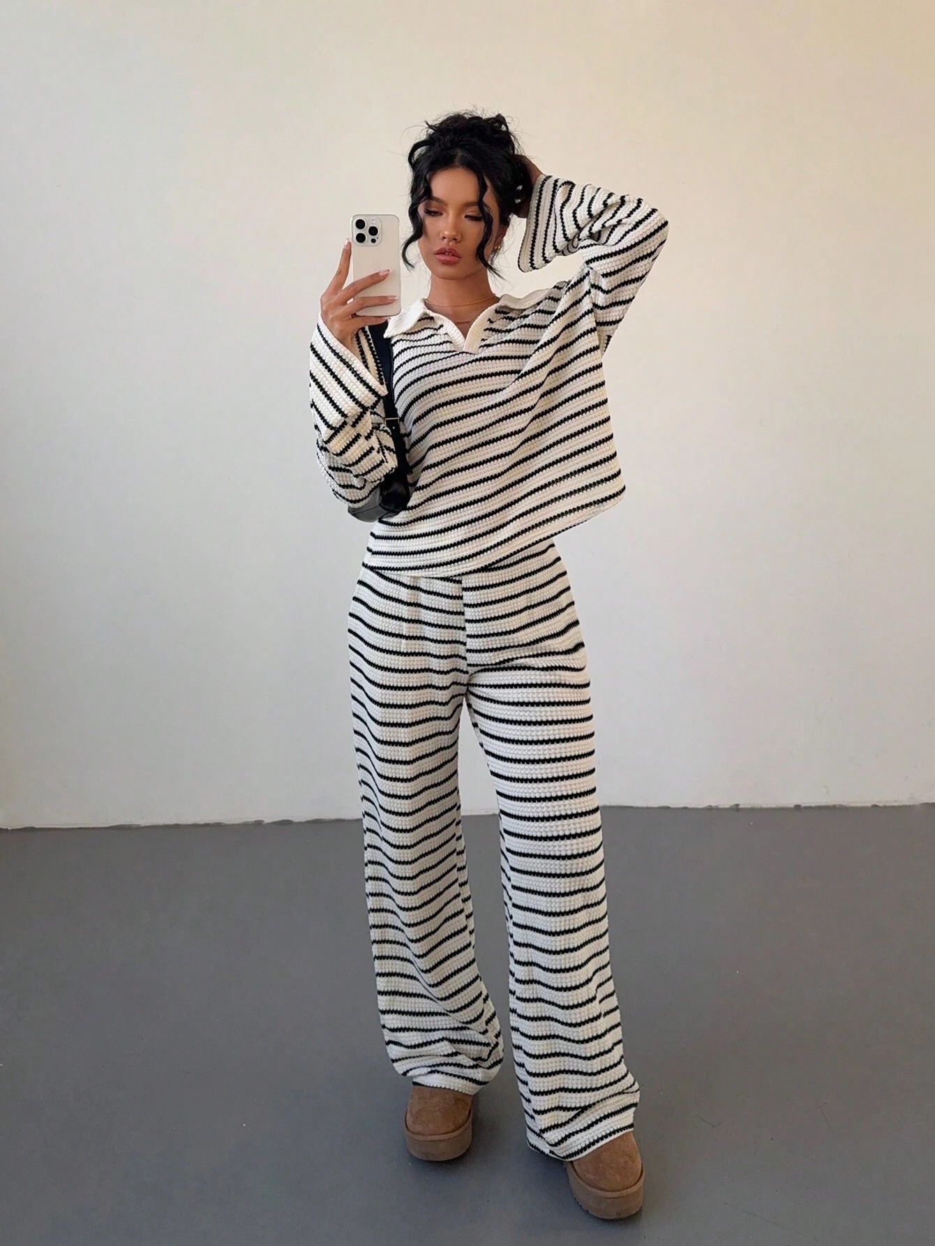 Black and white striped suit Polo collar long-sleeved shirt, wide-legged trousers two sets for casual commute