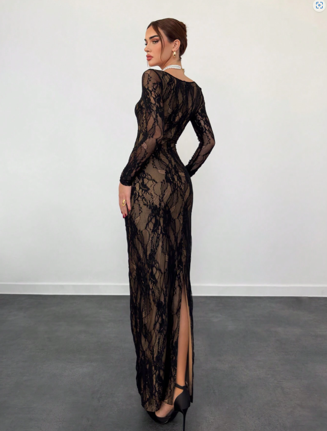 Woman's Black Lace Deep V Long Sleeve Bodycon Maxi Dress