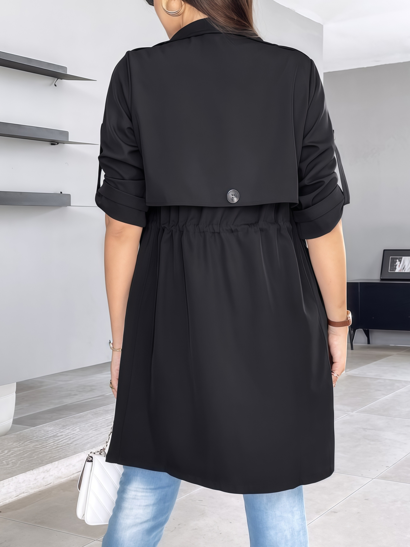  Woman's Black Mid-length Windbreaker Jacket-Aegean-sea