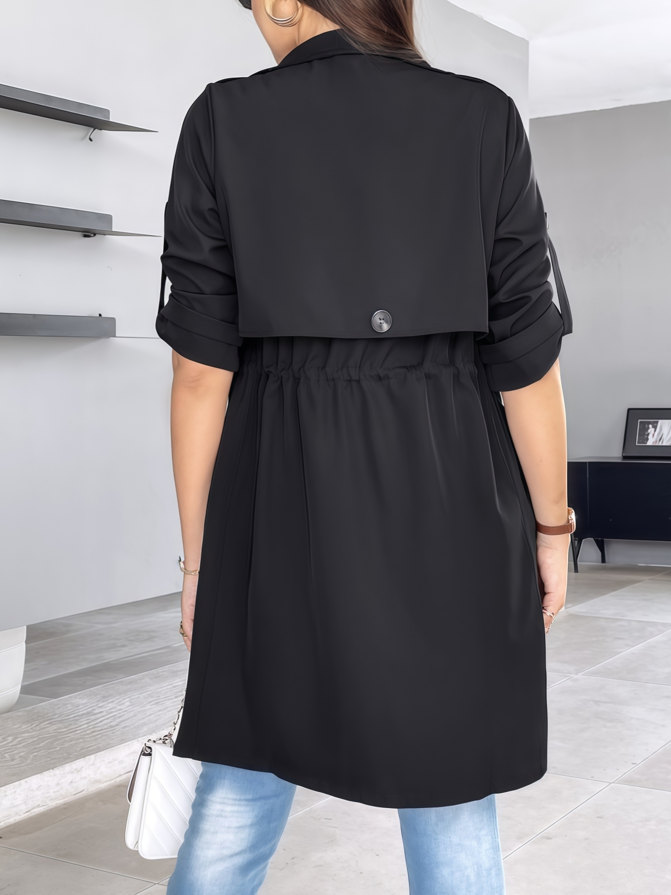  Woman's Black Mid-length Windbreaker Jacket-Aegean-sea