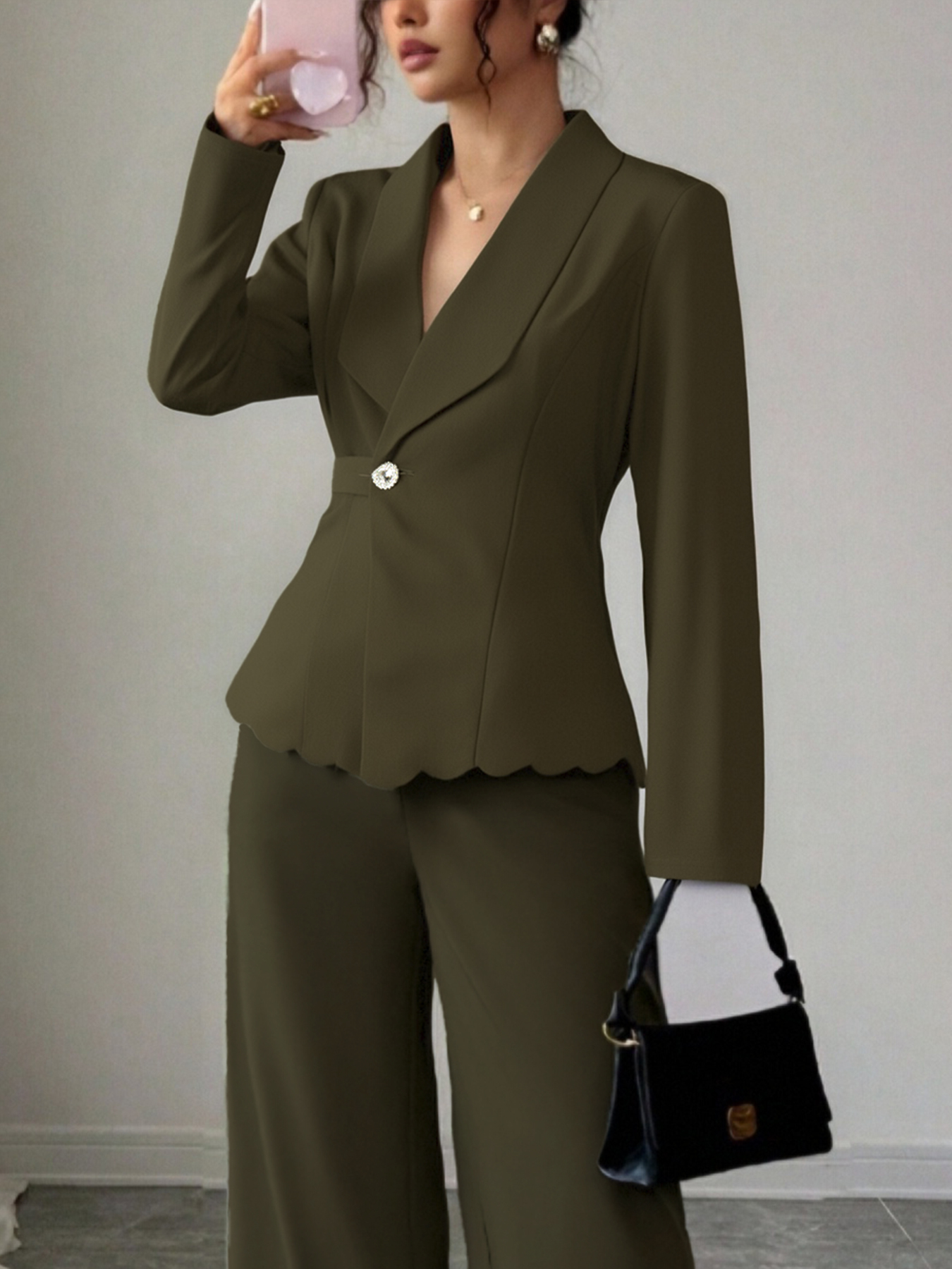 Office Elegant Wave Hem Waist-Cinched Blazer Set : Single Button Lapel Jacket & Wide-Leg Pants Two-Piece