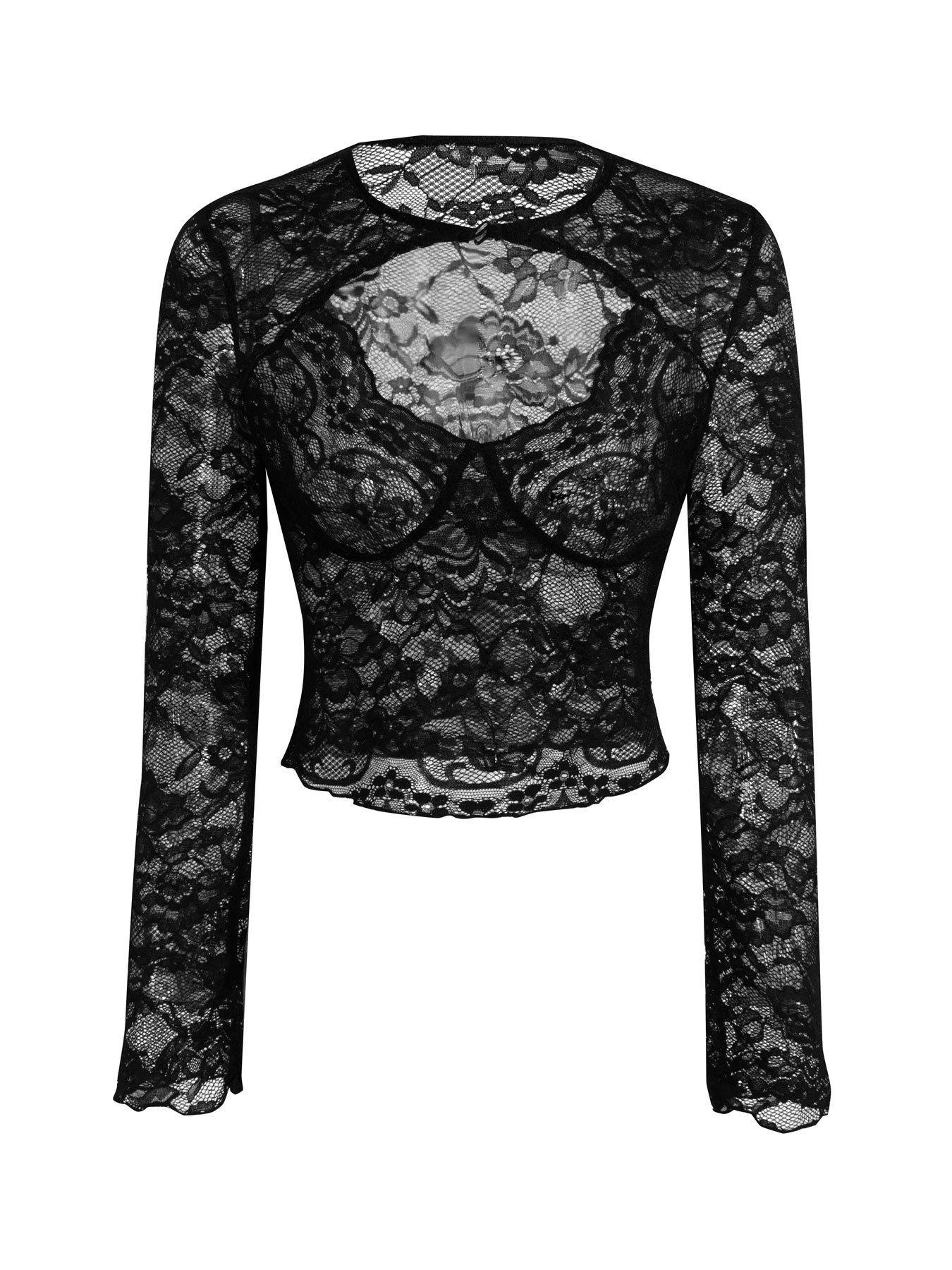 Woman's Black Lace Chest Cutout Cropped Top | Sexy Deep V Fitted Long-Sleeve Hot Girl Inner Wear-Aegean-sea