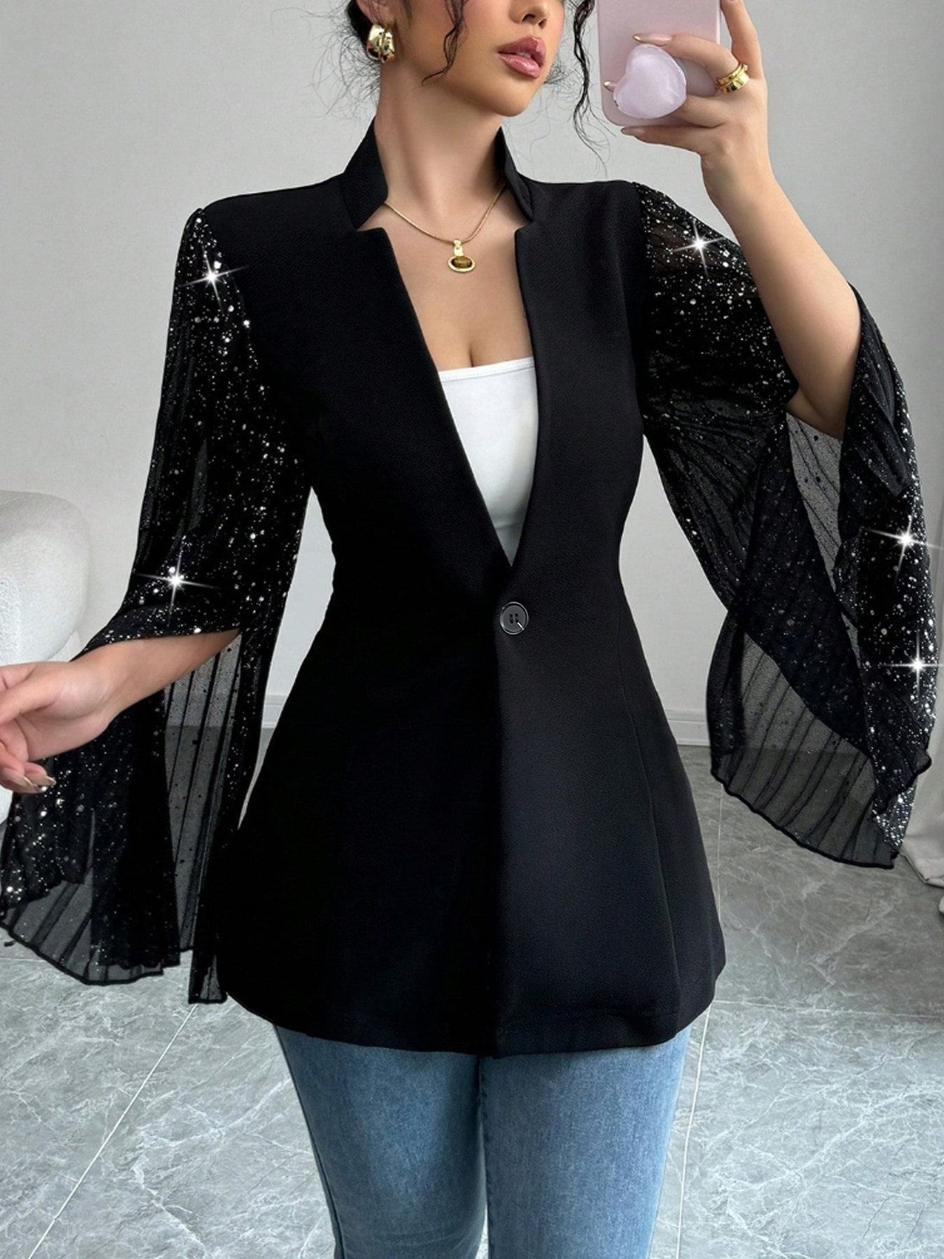 Black Blazer with Glitter Flared Sleeves-Aegean-sea