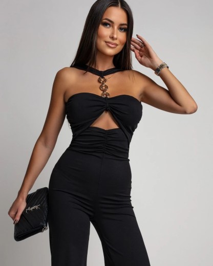 Black halter metal chain jumpsuit, hollow-out wide-leg pants