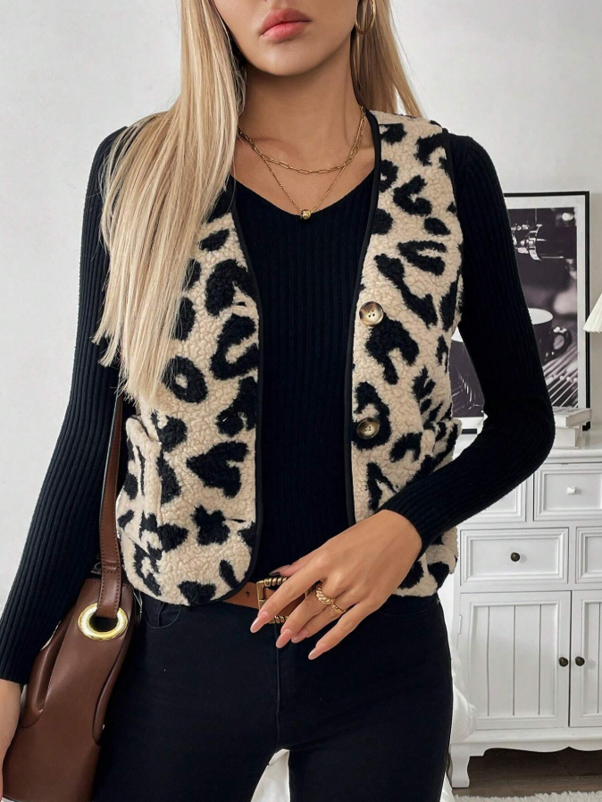Woman's Beige & Black Leopard Print Shearling Vest-Aegean-sea