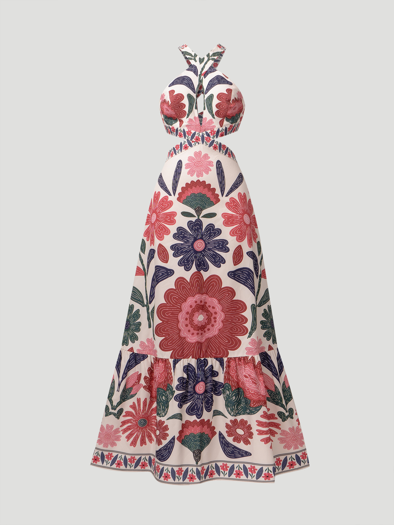 Women in flowered, neck-hanging dresses, cut-out, low-waisted, flowing dresses, holiday party dresses