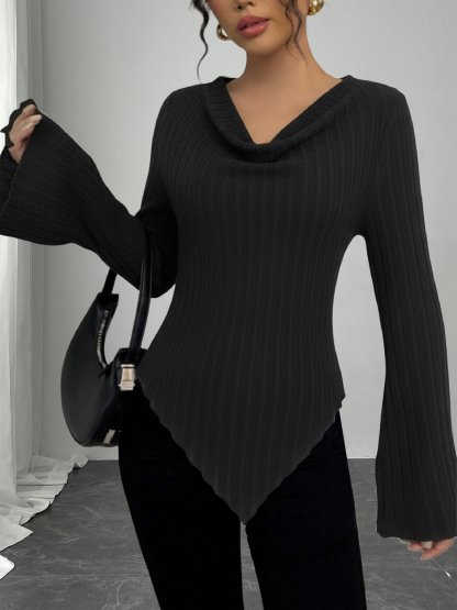 Women's Slim Fit Ribbed Knit Top-Aegean-sea