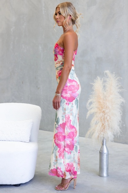 Women's One Shoulder Floral Print Maxi Dress - Ruched Side Sheer Mesh Bodycon Gown