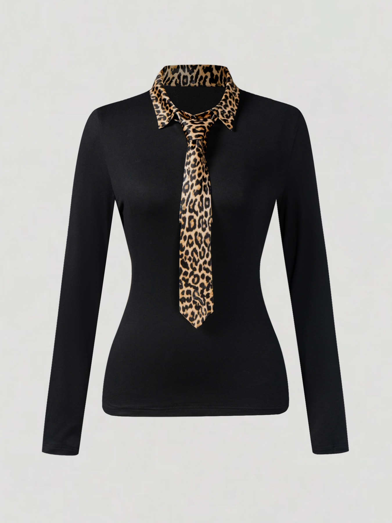 Leopard Accent Collar & Tie Black Fitted Top-Aegean-sea