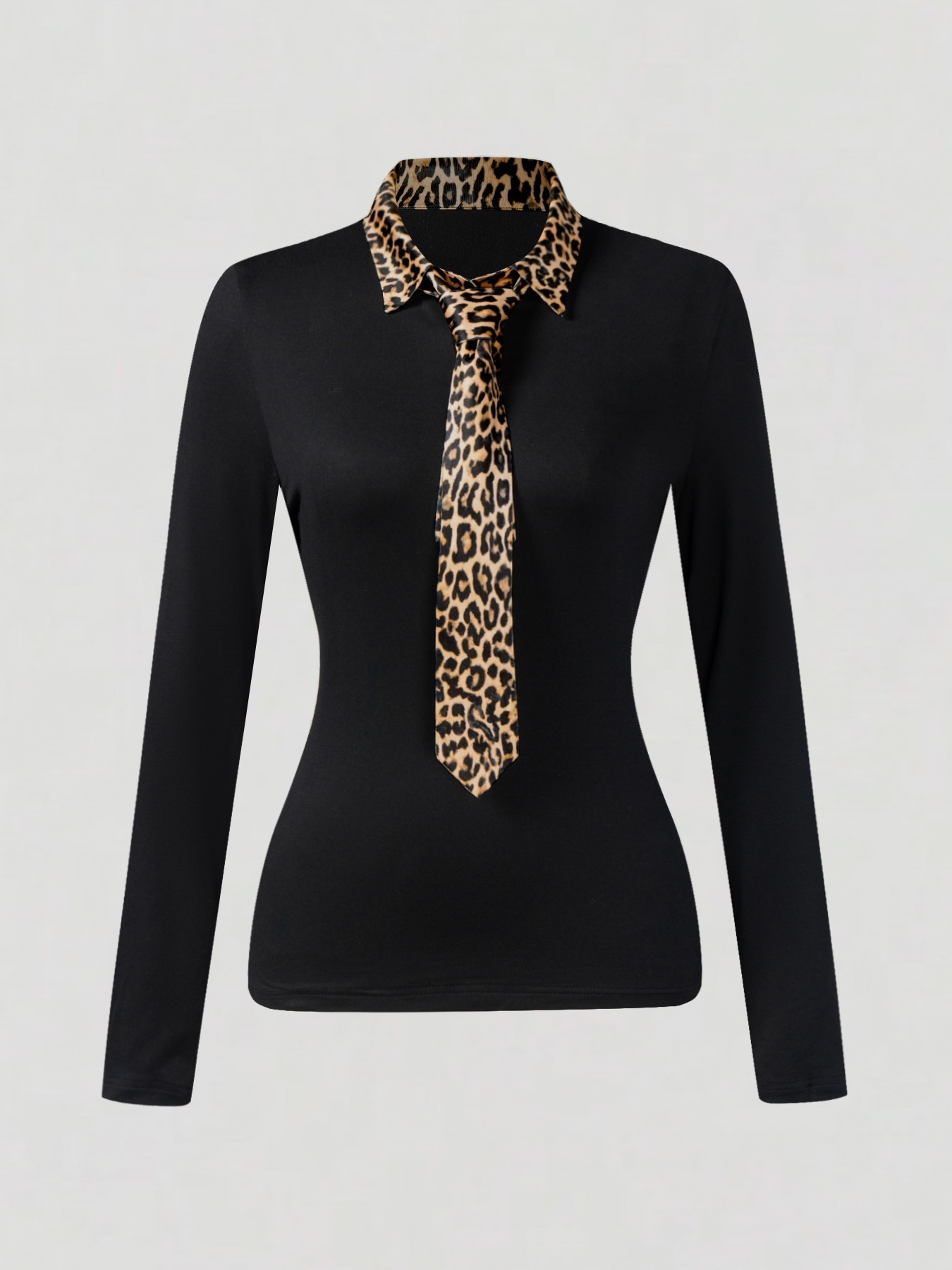 Leopard Accent Collar & Tie Black Fitted Top-Aegean-sea
