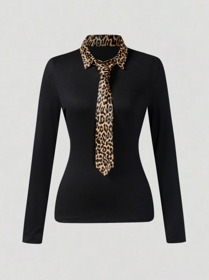Leopard Accent Collar & Tie Black Fitted Top-Aegean-sea